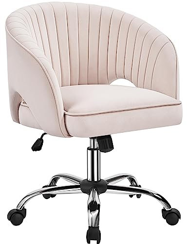 Yaheetech Fauteuil de Bureau en Velours avec Dossier Capitonné Arrondi Pivotant à roulettes Assise Réglable en Hauteur pour Chambre Bibliothèque Salon Crème