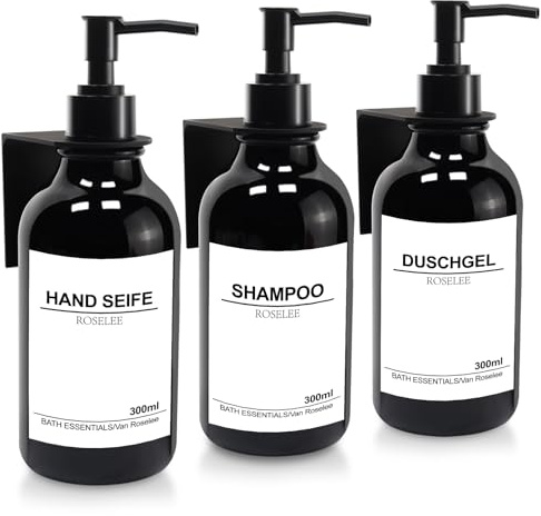 Roselee 3er Seifenspender Wandbefestigung Set 300ml Seifenspender Wand Ohne Bohren Schwarz Kunststoff Pumpspender mit Trichter und Wasserdichten Etiketten für Küche Bad