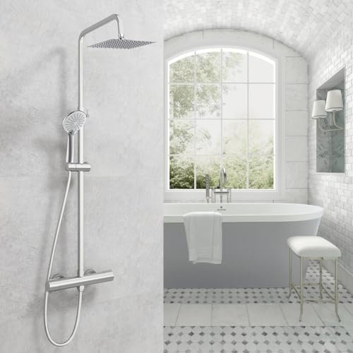 Colonna Doccia, OCEAN ITALY, Doccia Rubinetteria con Miscelatore Termostatico, Asta Regolabile74-117cm, Soffione Doccia Quadrato20x20cm Acciaio inox con Doccetta 3 Getti Rubinetto 40mm per Box Doccia
