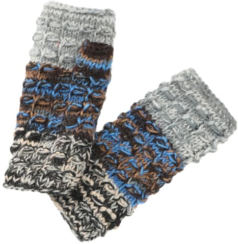 GURU SHOP Handstulpen, gestrickte Wollstulpen aus Nepal, Fleece | Farblich abgesetzte Pulswärmer, aus reiner Schurwolle, mit extra Daumen, Unisex, warm und bequem