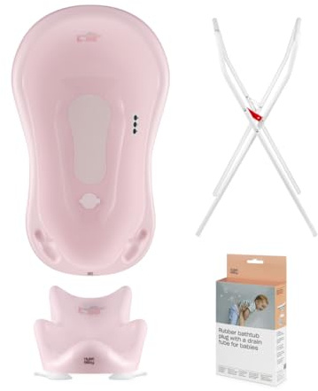 Hylat Baby Set: Baby Badewanne mit Thermometer, Ständer & Stöpsel, Badewannensitz, Ablaufschlauch - stabil und bequem - für Neugeborene und Babys