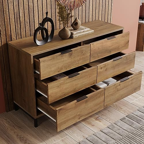 soges Kommode mit 6 Schubladen, Aufbewahrungsschrank, Schubladenschrank, Konsolentisch, Beistelltisch, Highboard, Sideboard für Schlafzimmer, Wohnzimmer oder Flur 120 x 40 x 76 cm