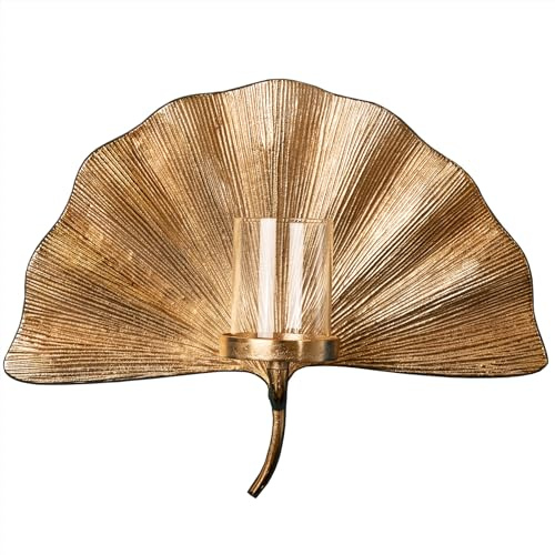 riess-ambiente.de Dekorativer Kerzenhalter Ginkgo 43cm Gold Handmade Metall Wandteelicht