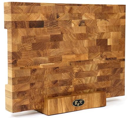 B4K 37х27х4,3cm mit Ständer Hackblock aus Eiche Stirnholz | Hirnholzbrett mit Griffen und Silikonfüßen | Antibakterielles Hirnholzbrett | Stirnholzbrett | Küchenbrett | Schneidebrett