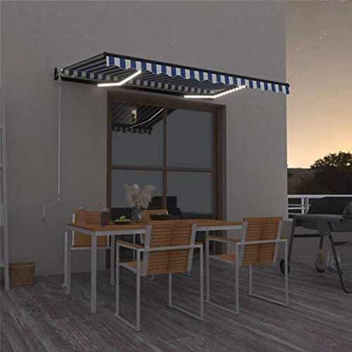 Rantry Casa Tenda da Sole Retrattile Manuale Tende da Sole per Balconi Tenda da Sole a Bracci Estensibili Tenda da Sole Esterno Tenda da Sole Esterno a Caduta con LED 400x300cm Blu e Bianco Decor