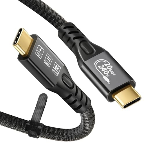 CABLEDECONN USB C 3.2 Gen-2 240 W rak förlängningskabel 1 m 3,3 ft dataöverföring 20 Gbps 48 V/5A laddningskabel Typ-C videoutgång 4K, kompatibel med Thunderbolt 3 USB-C-datorer