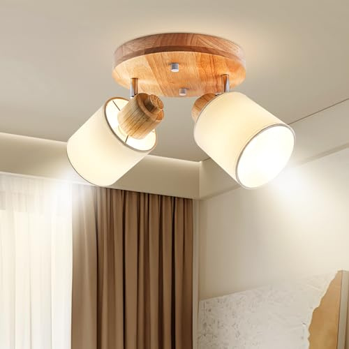Doughelec Deckenlampe Deckenstrahler 2 Flammig Holz - Rund Deckenleuchte Deckenspot Wohnzimmer Vintage E14 Schwenkbar Lampe Decke Wandstrahler MAX 30W für Schlafzimmer Küche Flur, Ohne Leuchtmittel