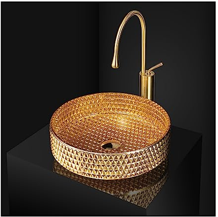 CLLBANT Badezimmer-Waschbecken, 16-Zoll-Waschbecken aus goldenem gehärtetem Glas, künstlerisches rundes Badezimmer-Waschbecken über der Theke,B (C)