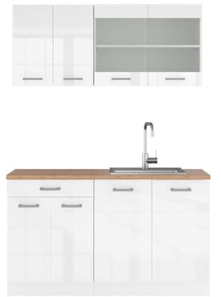 Vicco Küchenzeile R-Line, Weiß Hochglanz, 140 cm | 4 Module · Höhenverstellbare Füße · AP Eiche inkl. · Robuste Fronten · Mit Glasschrank · Frei kombinierbar