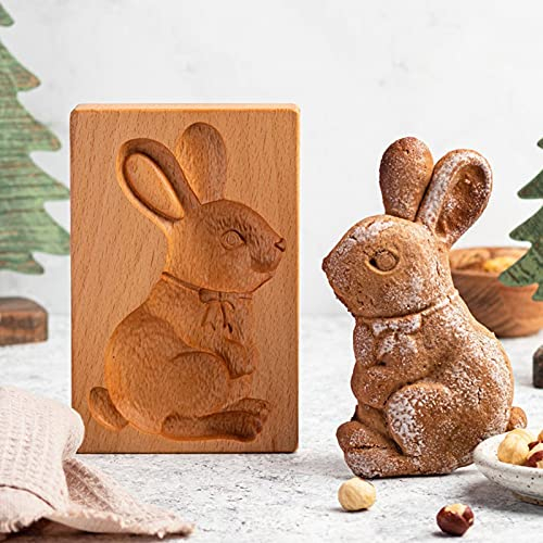 Ltahtliay US-20240604-03 Ausstechform aus Holz, 3D-geschnitzte Plätzchenform, Kekspresse, Stempelformen für Backformen, Weihnachten, Thanksgiving, Halloween, Ostern (Hase 2), US-20240604-03
