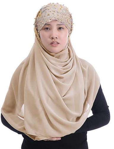 Lina & Lily Damen Hijab Kopftuch aus Chiffon mit Goldenen Pailletten & Glitzer & Perlen