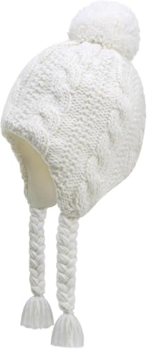 JANGANNSA Vinter Peruvian hatt öronlappar fleece fodrad pompon stickad mössa för 6–10T baby flickor, Snövit, 6-10 år