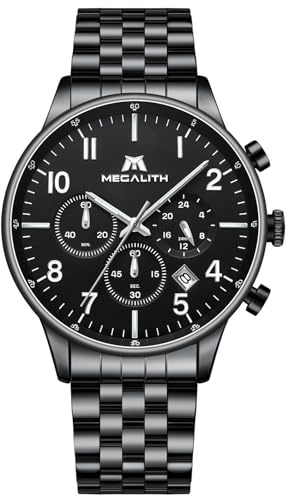 Megalith Armbanduhr Chronographen Uhren Herren: Schwarz Edelstahl Quarzuhr Analog - Wasserdicht Männer Uhren