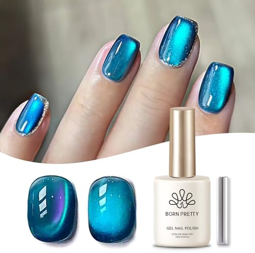BORN PRETTY Magnetiskt gelnagellack med katt, 15 ml, holografiskt havsblå, gelékristall-effekt, Cat Magnetic Eye-gellack för nagelkonst, manikyr, salong, gör-det-själv hemma
