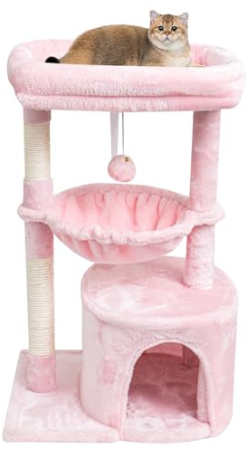 SYANDLVY Small Cat Tree for Indoor Cats, Cat Tower with Scratching Post, Modern Cat House with Padded Perch, Kittens Condo with Cradle, Cat Cave, Pink