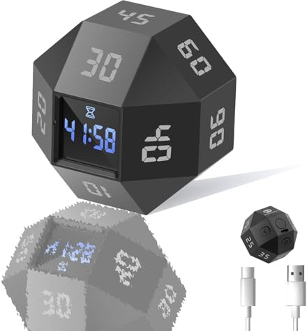 Gatphy Cube Timer ABS mit 12 Seitenzeitmodul Rotatierende Timer Zeitmanagement Würfel Wiederaufladbarer Timer 3 Alarm Erinnermodi Würfel Timer für Schlafzimmer Geeignet(Negro)