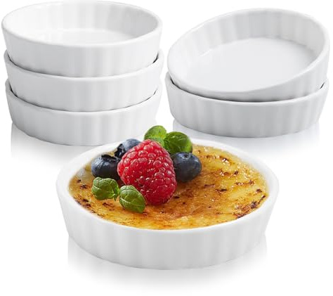 Loccmat 8 oz Creme Brulee Ramekins,6 Pack Porcelain Ramekins Oven Safe,Round Fluted Quiche Dishes,Mini Tart Pans for Baking Souffle,Mini Pies,Dipping Sauces,Tart