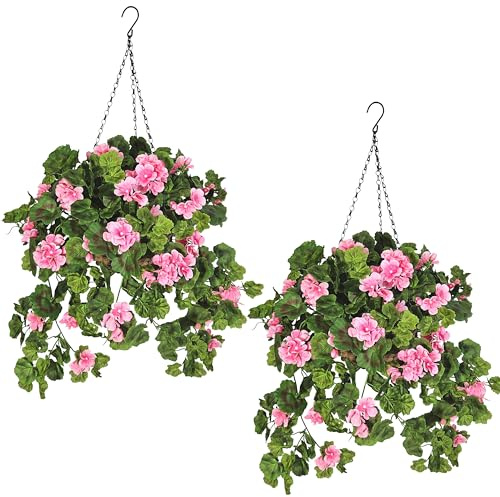 MAGIC STYLE HOME Planta de geranio colgante artificial con flores rosas, maceta tejida para porche al aire libre y decoración de patio