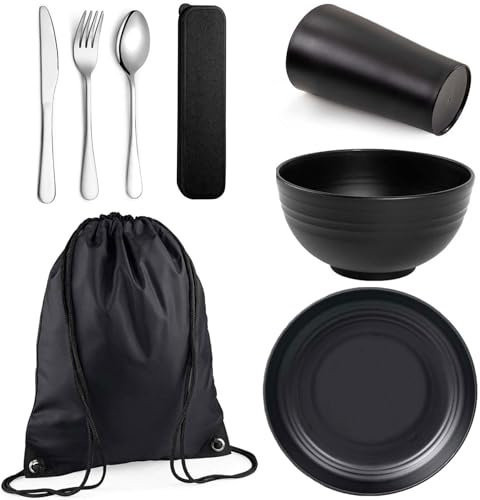 Camping Besteck Set,Tragbares Camping Geschirr Set,Wiederverwendbarer Leichter Becher,Schalen,Teller und Edelstahlbesteck,mit Tasche,Ideal für Outdoor,Picknick und Reisen