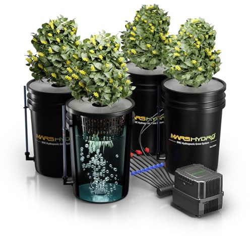 MARS HYDRO DWC Hydrokultur Anbausystem 5 Gallonen Tiefwasserkultur mit 11W Luftpumpe, Mehrzweck-Luftschlauch, Luftstein, 4 Eimern und Topf-Tropfkit