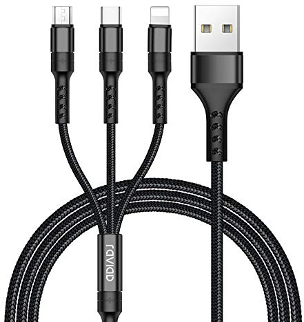 RAVIAD Multi lång laddningskabel [3 M] 3 i 1 nylon multi laddare kabel | USB-kabel med USB Type C Lightning Micro snabbladdningsgränssnitt för iPhone, Samsung, Kindle, OnePlus- svart