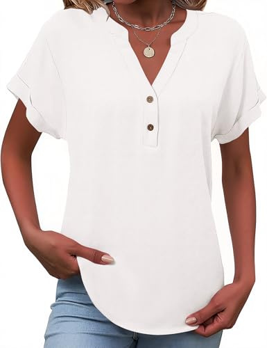 Tisfeer Womens Tops Short Sleeve Blouses Button V Neck Summer Linen Shirts | Dressy Casual Loose Fit Tunic Top Solid 2026 Trendy Clothes