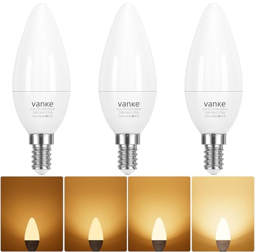 Vanke E14 Dimmable Bulb, 4.2W=40W, Warm White 2700K, 420LM, Pack of 3 | SES Dimmable LED Light Bulb, Small Screw Candle Lightbulbs, No flickering