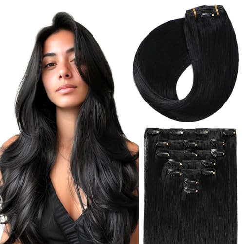 Sunya Clip in Extensions Echthaar Jett Schwarz Echt haar Extension Clips in haarverlängerung Invisble Glatt Haar Skin Weft 70g 30cm 7 Pcs