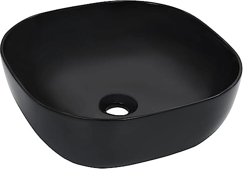 Lavabo da Appoggio Quadrato in Ceramica, Design Moderno con Finitura Lucida, Nero per Bagno o Toilette, 42.5 x 42.5 x 14.5 cm