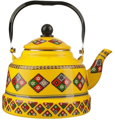 Cute Yellow Enamel Tea Kettle with Ergonomic Handle, Beautifully Patterned Kettle for Stovetop and Induction Cookers(1.1L)