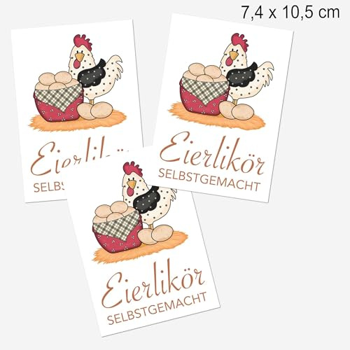 Handmade - 16 Stk. Eierlikör Etiketten mit Huhn Motiv – selbstklebende Flaschenetiketten für Likörflaschen