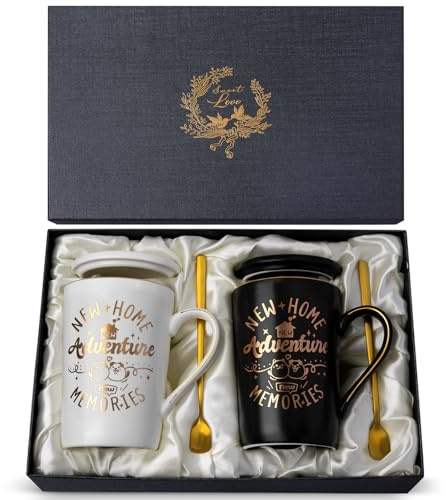 New Home Gifts House Warming Coffee Mug Gift Set, 14oz Housewarming Present | Unique Black & White Cup with Lid, Greeting Card, Elegantly Boxed, Ideal for Couple, Friend, Family, Neighbor, New Homeowners