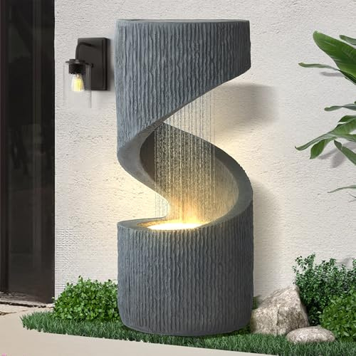 Dephet 31.9 Outdoor Garden Water Fountain, S-Shaped Cascading Fountains and Waterfalls with LED Lights & Splash-Proof Net, Indoor/Outdoor Floor Standing Water Feature for Patio, Backyard, Home Decor