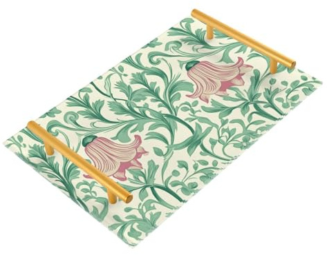 Plateau à café décoratif rétro avec poignées - Motif fleurs roses et feuilles vertes - Plateau de service rectangulaire pour bijoux, parfum pour table, bandeja de decoracion para sala