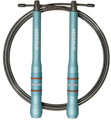 MOGOLD Springseil Erwachsene Fitness, Speed Rope 43cm Aluminium-Griffe in Türkis, 300cm PVC-Stahlseil, 360-Grad-Rotation, Rutschfester Griff für CrossFit (Turquoise)