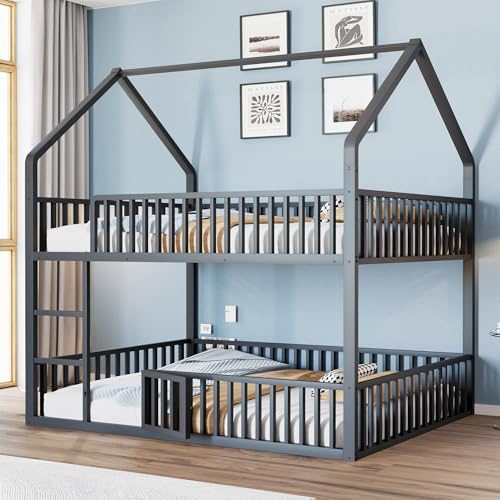 Oxtao Kinder-Etagenbett 140 * 200, Kinder-Familienbett, Etagenbett mit Treppe, Loft-Design, Unteres Bett mit Kleiner Tür zum Öffnen und Schließen, Metallbett (Schwarz, 140x200CM)