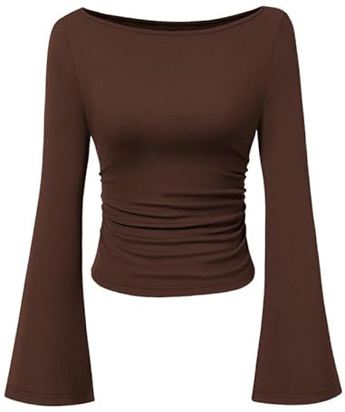 SukiglamT-Shirts à Manches Longues Femme Chic et Elegant Haut Col Bateau Côtelé Moulant Top Manche Evasées Tee Shirt Basique Automne Hiver Plis Latéraux Chemisiers Tendance Blouse Idéal Jean ou Jupe