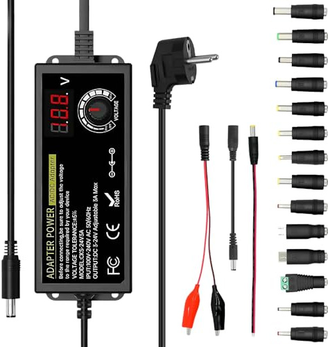 Afenau Universal Netzteil, 3-24V 3A 72w Netzteil Einstellbar, 100V-240V AC Zu DC Regelbares netzteils mit LED Spannungsanzeige, 14 Aufsätzen, Polkonverter + Messleitung, für Haushaltselektronik