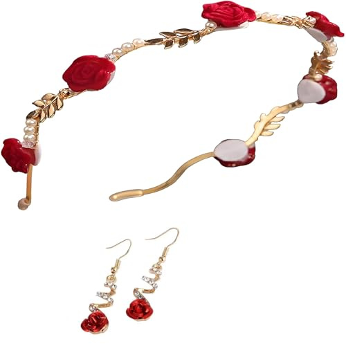 ZWWOGE Set Gioielli Capelli con Rose Rosse, Cerchietto Floreale con Perle e Orecchini Pendenti, Accessori Eleganti Stile Boho per Donna, Foto, Feste e Occasioni Speciali