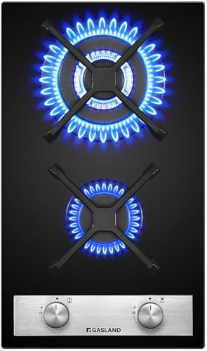GASLAND GH30BF Placa de gas de vidrio 30 cm, 2 quemadores con wok, encastrable, 5200 W, compatible con gas natural y butano, potente y segura
