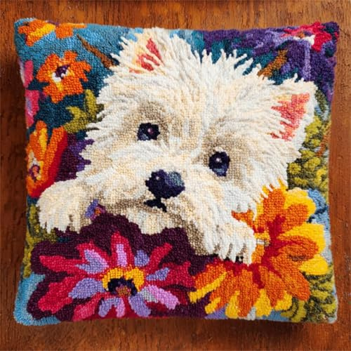 KnüpfKissen Set Erwachsene Kinder mit vordruck Westie Hund Cute White Puppy Bunte Blumen knüpfteppich zum selber knüpfen Kissenbezug Anfänger DIY Handarbeit Stickerei Handgemachtes Handwerk Sofa Wohnk