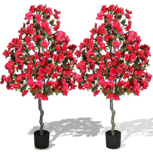 Giegxin 2 Pack Artificial Azalea Tree 4 Ft Spring Fake Azalea Tree with Pot Outdoor Artificial Topiary Silk Faux Flower Realistic Plant Pink Blossom UV Resistant for Summer Patio Wedding Indoor