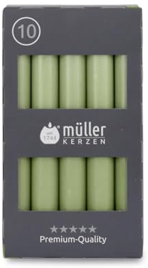 Müller Kerzen - Stabkerzen Grün - 10er Set Tafelkerzen - 6 Stunden Brenndauer - 20 × 175 mm - Tropfarm, Raucharm, Duftfrei - Leuchterkerzen für Kerzenhalter & Tischdekoration - RAL-zertifiziert