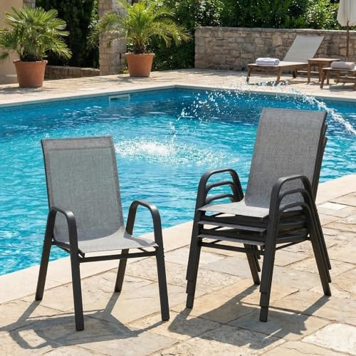 RBFGYIOP Gartenstühle 4er Set Stapelbar Hochlehner, Outdoor Stapelstühle mit Textilene & Metallgestell, Wetterfeste Terrassenstühle für Garten Balkon Terrasse Camping, Grau