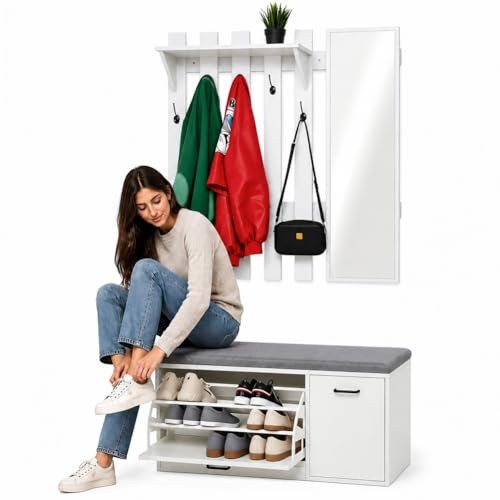 Shally Dogan Set Ingresso con Scarpiera, Appendiabiti e Specchio, Attaccapanni con 5 Ganci Doppi, Mobile Porta Scarpe con Anta e Maniglia Ergonomica, Arredo Salvaspazio Struttura Resistente (Bianco)