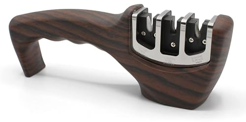 Afilador de cuchillos de cocina profesional 3 EN 1 - Afilador manual - Compatible con hojas de acero inoxidable y de cerámica - Apto para todos los tamaños de cuchillos - 20 CM - Color madera