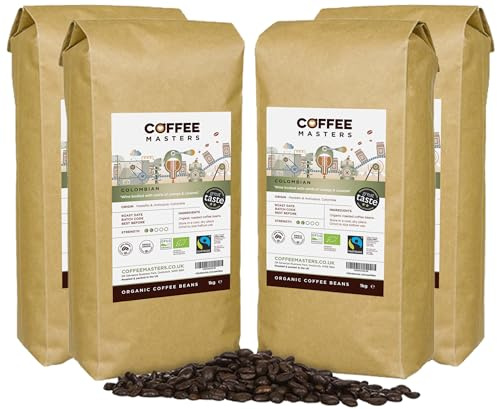 Coffee Masters Colombian Organic Coffee Beans 4x1kg - Fairtrade Single Origin, 100% Arabica - Light Roasted Whole Bean, Ideal for Espresso Machines - Great Taste Award Winner