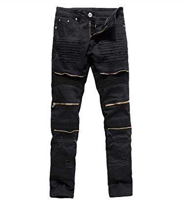 Rexcyril Men's Moto Biker Jeans Distressed Ripped Skinny Slim Fit Denim Pants with Zippers Black W30