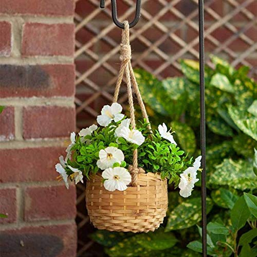 Garden Mile® Artificial Flower Hanging Basket Garden White Flower Outdoor Planter Plant Pot Fake Flower Centrepiece Rope Basket with Fake Flowers Small Wicker Straw Flower Basket
