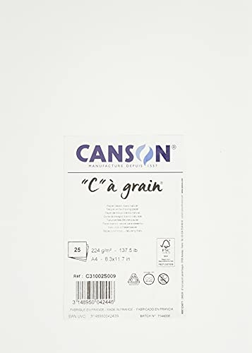 CANSON C à grain, Weißes Zeichenpapier, Feine Körnung, 224gsm, 137.5lb, Bogen, A4-21x29,7cm, Naturweiß - C31002S009